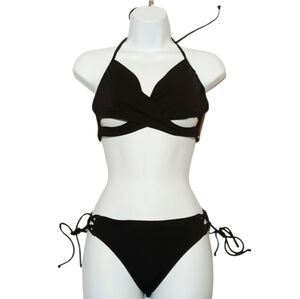 Victoria's Secret PINK Sexy Strappy Bikini Wrap Top Swimsuit 2-Piece Black